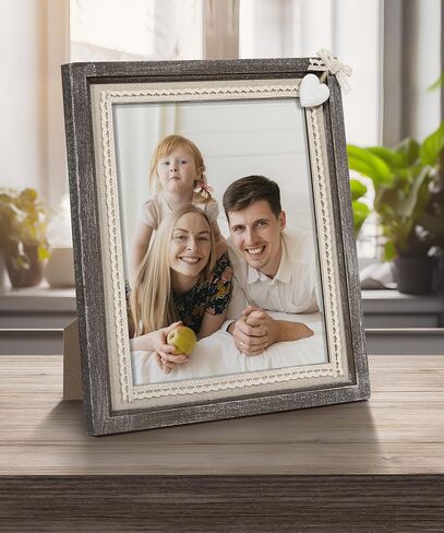 Sapowerntus 8x10 Picture Frames Rustic Wood Farmhouse Cute Heart Love Solid Wooden Family Photo Frame Lace Bow Glass Boho Wall Decor Hanging Tabletop Kids Mom Mother Wedding Gift in Saudi Arabia
