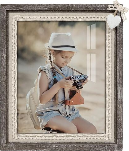 Sapowerntus 8x10 Picture Frames Rustic Wood Farmhouse Cute Heart Love Solid Wooden Family Photo Frame Lace Bow Glass Boho Wall Decor Hanging Tabletop Kids Mom Mother Wedding Gift in Saudi Arabia