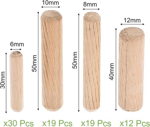 دبوس وتد خشبي من uxcell 6 × 30 مم، 8 × 50 مم، 10 × 50 مم، 12 × 40 مم، خشب صلب مشطوف ومجفف بالفرن 85 قطعة in Saudi Arabia