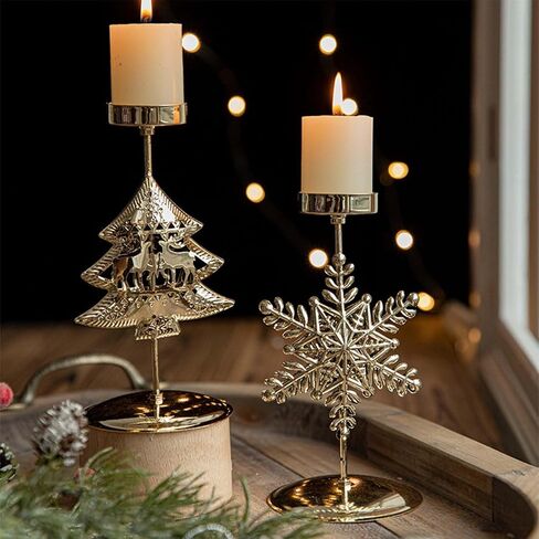 Candle Holders Christmas Decor: Gold Christmas Flower Candlestick for Taper Table Centerpiece Festive Ornaments Mantel Home, Set of 2 in Saudi Arabia
