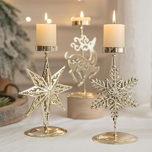 Candle Holders Christmas Decor: Gold Christmas Flower Candlestick for Taper Table Centerpiece Festive Ornaments Mantel Home, Set of 2 in Saudi Arabia