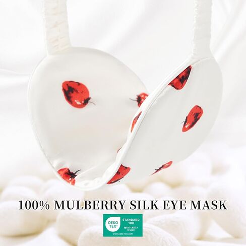 THXSILK Sleep Mask 100% 19 Momme Pure Mulberry Silk Super Smooth Cooling Decorative Sleep Eye Mask Blackout Eye Cover with Wide Head Strap, Strawberry-White in Saudi Arabia