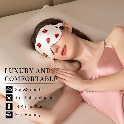 THXSILK Sleep Mask 100% 19 Momme Pure Mulberry Silk Super Smooth Cooling Decorative Sleep Eye Mask Blackout Eye Cover with Wide Head Strap, Strawberry-White in Saudi Arabia