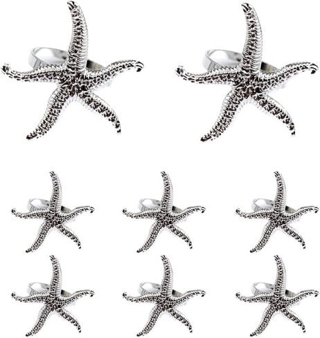 8 PCS Starfish Napkin Rings, Metal Napkin Rings Holders, Beach Napkin Rings for Wedding Birthday Christmas Dinner Party Celebrate Festival Dinner Table Decoration (Silver) in Kuwait