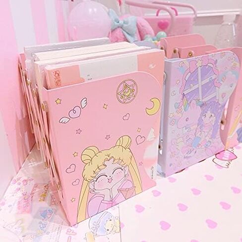 BelugaDesign Cat Moon Bookends | Anime Cute Magical Kawaii Pink Yellow White Pastel Clouds Cherry Blossoms Decorative Book Holder Stopper for Women Home Office Desk Bookshelf | Metal Hollow Decor in Saudi Arabia