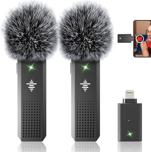 2 Pack Wireless Microphone for Android & iPhone 15, Wireless Lavalier Microphone with 3 Level Noise Reduction, Clip On Microphone for Video Recording, YouTube, TikTok, Vlog, Podcast, Interview in Kuwait