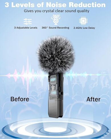 2 Pack Wireless Microphone for Android & iPhone 15, Wireless Lavalier Microphone with 3 Level Noise Reduction, Clip On Microphone for Video Recording, YouTube, TikTok, Vlog, Podcast, Interview in Kuwait