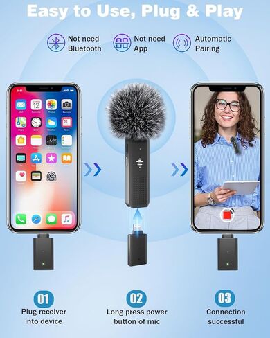 2 Pack Wireless Microphone for Android & iPhone 15, Wireless Lavalier Microphone with 3 Level Noise Reduction, Clip On Microphone for Video Recording, YouTube, TikTok, Vlog, Podcast, Interview in Kuwait