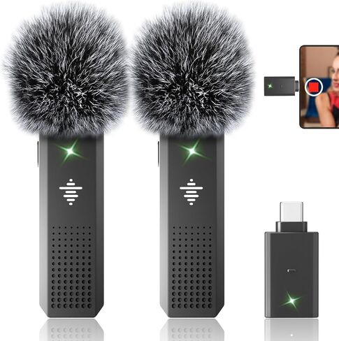 2 Pack Wireless Microphone for Android & iPhone 15, Wireless Lavalier Microphone with 3 Level Noise Reduction, Clip On Microphone for Video Recording, YouTube, TikTok, Vlog, Podcast, Interview in Saudi Arabia