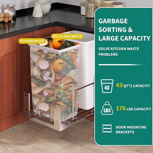 YITAHOME 43 Quart Pull Out Trash Can Under Cabinet, Heavy Duty Trash Can with Soft-Close Slide and Door Mounting Kit for Kitchen, White+Black in Saudi Arabia