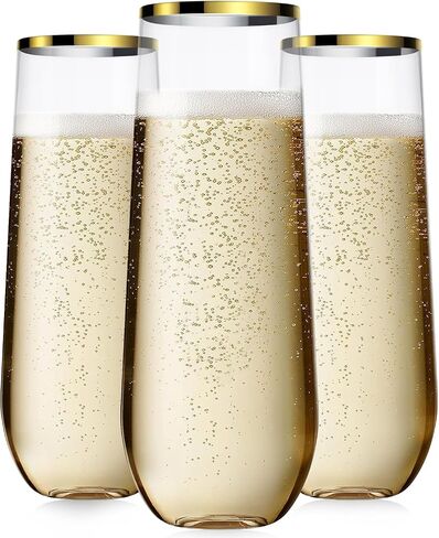 24 Pcak Champagne Flutes Plastic, 9 Oz Disposable Stemless Mimosa Gold Rim Toasting Glasses, Clear Crystal Plastic Cocktail Cups for Party Wedding Birthday in Saudi Arabia