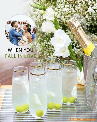 24 Pcak Champagne Flutes Plastic, 9 Oz Disposable Stemless Mimosa Gold Rim Toasting Glasses, Clear Crystal Plastic Cocktail Cups for Party Wedding Birthday in Saudi Arabia