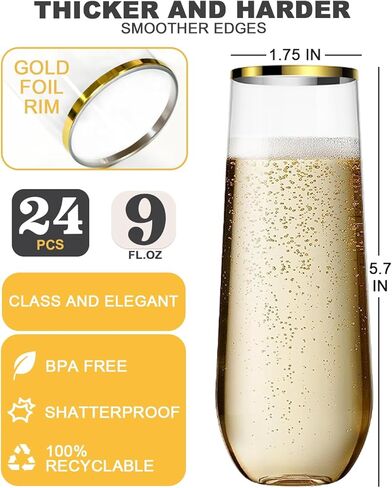 24 Pcak Champagne Flutes Plastic, 9 Oz Disposable Stemless Mimosa Gold Rim Toasting Glasses, Clear Crystal Plastic Cocktail Cups for Party Wedding Birthday in Saudi Arabia