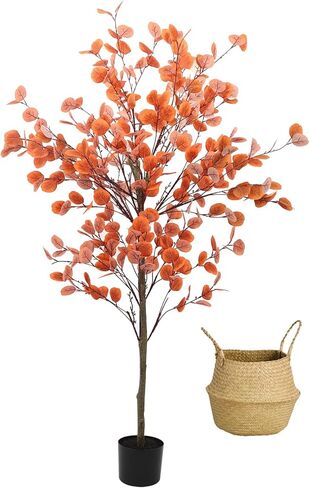 5ft Tall Artificial Autumn Eucalyptus Tree, Fake Plant with Basket, Silk Golden Silver Leaves, Indoor in Kuwait