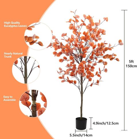 5ft Tall Artificial Autumn Eucalyptus Tree, Fake Plant with Basket, Silk Golden Silver Leaves, Indoor in Kuwait