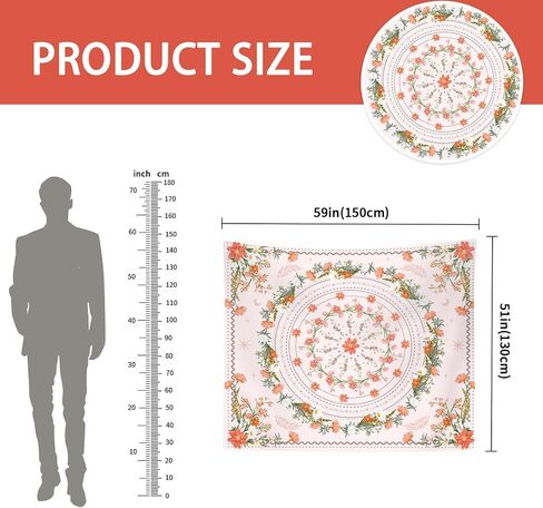 Lindameler Boho Flower Tapestry Wall Hanging Pink Mandala Medallion Aesthetic Art Tapestry Bohemian Floral Print Decoration for Bedroom Living Room(Boho) in Saudi Arabia