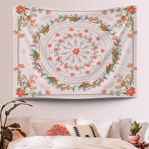 Lindameler Boho Flower Tapestry Wall Hanging Pink Mandala Medallion Aesthetic Art Tapestry Bohemian Floral Print Decoration for Bedroom Living Room(Boho) in Saudi Arabia