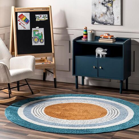 nuLOOM Nydia Circular Kids Machine Washable Area Rug, 4' Round, Blue in Saudi Arabia