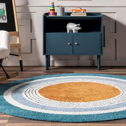 nuLOOM Nydia Circular Kids Machine Washable Area Rug, 4' Round, Blue in Saudi Arabia