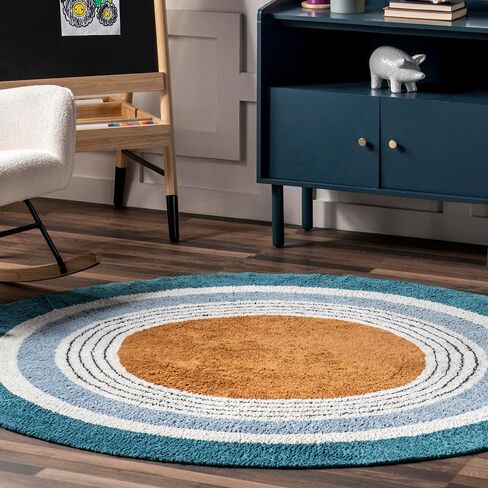 nuLOOM Nydia Circular Kids Machine Washable Area Rug, 4' Round, Blue in Saudi Arabia
