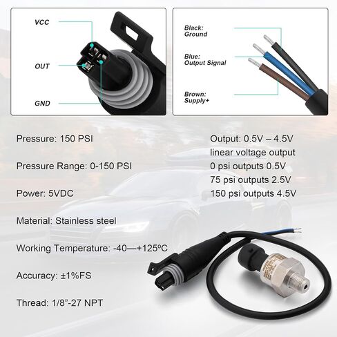 200 PSI Pressure Transducer Sender Sensor with 1/8" -27 NPT 316 Stainless Steel Thread and Harness Connector for Oil Fuel Air Water Pressure in Saudi Arabia