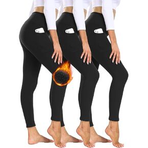 3 Pack Fleece Lined Leggings Women with Pockets - High Waisted Plus Size Winter Thermal Yoga Pants (S-5XL)