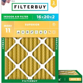 Filterbuy 16x20x2 Air Filter MERV 11 Allergen Defense (2-Pack), Pleated HVAC AC Furnace Air Filters Replacement (Actual Size: 15.50 x 19.50 x 1.75 Inches)