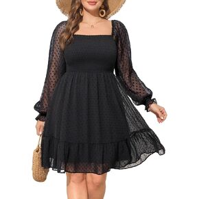 Women Plus Size Square Neck Puff Sleeve Babydoll Summer Chiffon Swiss Dot Flowy Short Smocked Dress