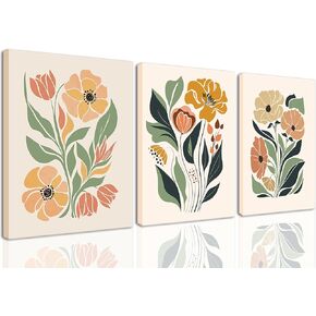 Boho Flower Wall Art Decor Abstract Floral Canvas Pictuers Botanical Minimalist Plant Prints Boho Floral Poster Vintage Artwork for Livingroom Bedroom 12x16 Inch Framed Set of 3