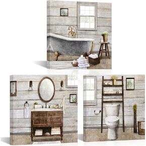 Visual Art Decor Bathroom wall Art Farmhouse Bathroom Decor Painting, Framed Canvas Wall Art 12x12inchx3Pieces (Brown)