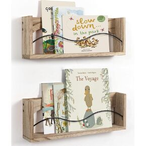 Sapowerntus Nursery Shelves for Wall, Wood Bookshelf Magazine Holder Kids Baby Room Shelf Organizer Nursery Decor, Rustic Vinyl Record Rack with Curve Rail Wave Design, Set of 2 in Kuwait