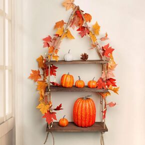 3-Tier Macrame Hanging Shelf for Wall Decor, Wooden Lighted Hanging Shelves with Fall Artificial Maple Leaves Boho Room Decor Aesthetic Wall Storage Floating Shelves for Bedroom Living Room Farmhouse