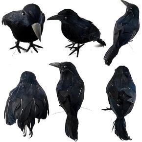 TIHOOD 6PCS Halloween Black Crows Feathered Crows Realistic Looking Halloween Handmade Feathered Crow for Halloween Indoor Outdoors Ravens Birds Decoration, 3 Styles