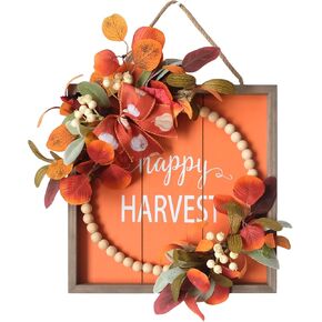 TEMPUS 12'' Wood Beads Wreath Hello Fall Sign Autumn Front Door Wreath Harvest Wooden Square Wreath with Pumpkin Flowers and Leaves for Festival Thanksgiving Autumn Porch Decor