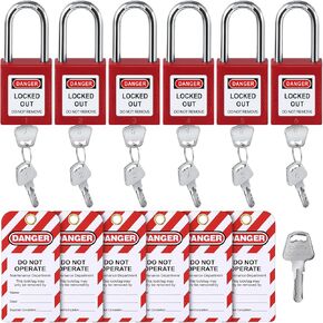 Landhoow 6 Set Lockout Tagout Locks Kit, Safety Padlocks with 6 Loto Locks Keyed Differently and 6 Lock Out Tag Out Tags Red for Lock Out Tag Out Stations and Devices Electrical Lockout Tagout Kits