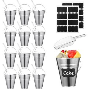 12 Pcs Galvanized Bucket with 12 Pcs Clear Plastic Ice Scoop 20.3 oz Metal Beer Bucket with Handle Metal Pail Mini Toy Container 16 Pcs Blackboard Sticker for Candy Popcorn Snacks Party Supplies