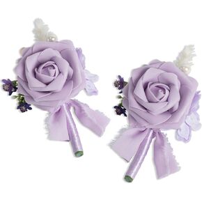 Elegant Light Purple Wrist Corsage and Boutonniere Set Lifelike Soft Foam Rose Artificial Flower Prom Wedding Supply Decorations ZI-W-B