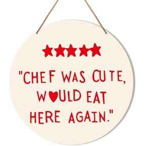Funny Kitchen Sign Decor for Wall, Kitchen Hanging Sign Decor Farmhouse Wall Decoration Wood Sign for Dining Room, Restaurant, Gift for Mom Chef Cooking Lover, Chef Was Cute Would Eat Here Again