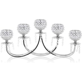 Big Size 5 Arm Silver Crystal Beaded Candle Holders Unique Bling Candelabra Tea Light Candle Holder Wedding Centerpieces for Tables Dining Table Centerpiece Decorations Dining Room Christmas Decor