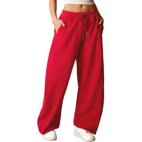 ELLEVEN Women's Y2K Wide Leg Sweatpants - High Elastic Waist Baggy Pants with Pockets & Adjustable Ankle Drawstring Cuffs