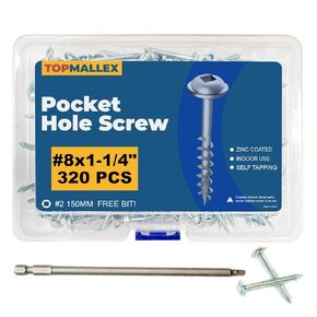 Pocket Hole Screws 1-1/4 inch, TOPMALLEX Pocket Screws #8 x 1-1/4" with Square Drive 320PCS, Wood Screws, Fine Thread, Washer Head, Self Tapping, Zinc Plated, 150MM Drive Bit Included