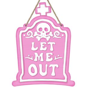 Deroro Orange Halloween Tombstone Shaped Front Door Sign, Let Me Out Gravestone Skull Wood Door Hanger Outdoor Outside Porch Decor, Gothic Wooden Wreath Indoor Wall Hanging Decoration