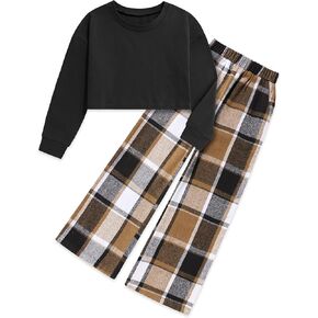 Girls Clothes Solid Long Sleeve Tops Plaid Wide Leg Pants with Pockets Girls Outfits Size 6-14