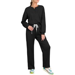 AGSEEM Womens 2 Piece Outfits Quarter Button Long Sleeve Crewneck Lounge Sets With Pockets Winter