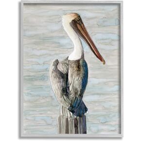Stupell Industries Long Beak Pelican Watercolor Painting Coastal Waterfowl Bird Grey Framed Wall Art, 16 x 20, Blue