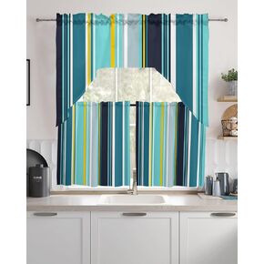 Geometric Ombre Blue Green Ocean Seawaves Swag Valance Kitchen Curtains, Rod Pocket Valance Curtain Panels for Bedroom Living Room Bathroom Cafe Windows, Abstract Modern Brown Art 56''x36''