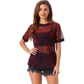 Allegra K Women's Mesh T-Shirt Cover Up Party Short Sleeve See Through Sheer Tops