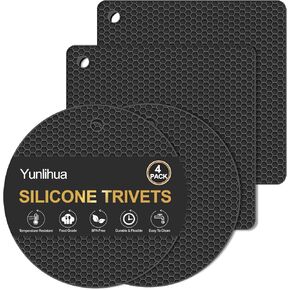 4 Pack Silicone Trivets for Hot Dishes, Heat Resistant Pot Holders, Non-Slip Multipurpose Hot Pads for Kitchen, Coaster, Spoon Holder, Jar Opener, Food Grade Silicone & BPA Free, Black