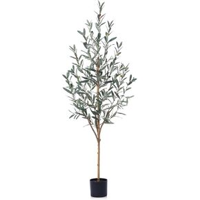 Artificial Olive Tree, 6FT Tall Fake Silk Plants with Natural Wood Trunk, Faux Olive Tree for Home Living Room Decor Indoor, Set of 1