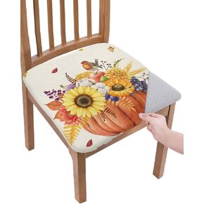 Fall Stretch Dining Chair Seat Covers Set of 4, Thanksgiving Removable Washable Chair Covers Seat Slipcovers, Autumn Orange Pumpkin Sunflower Leaves Dust-proof Chair Cover Seat for Kitchen Decor